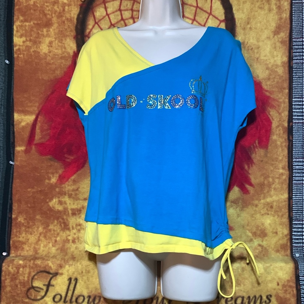 OLD SKOOL Urban Wear-womens blue/yellow short sleeve draw-stringed crop shirt